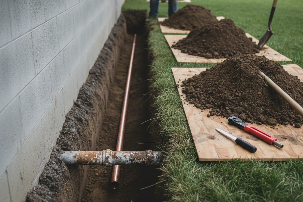 Excavated water line trench during Water Softener Installation in Cairo